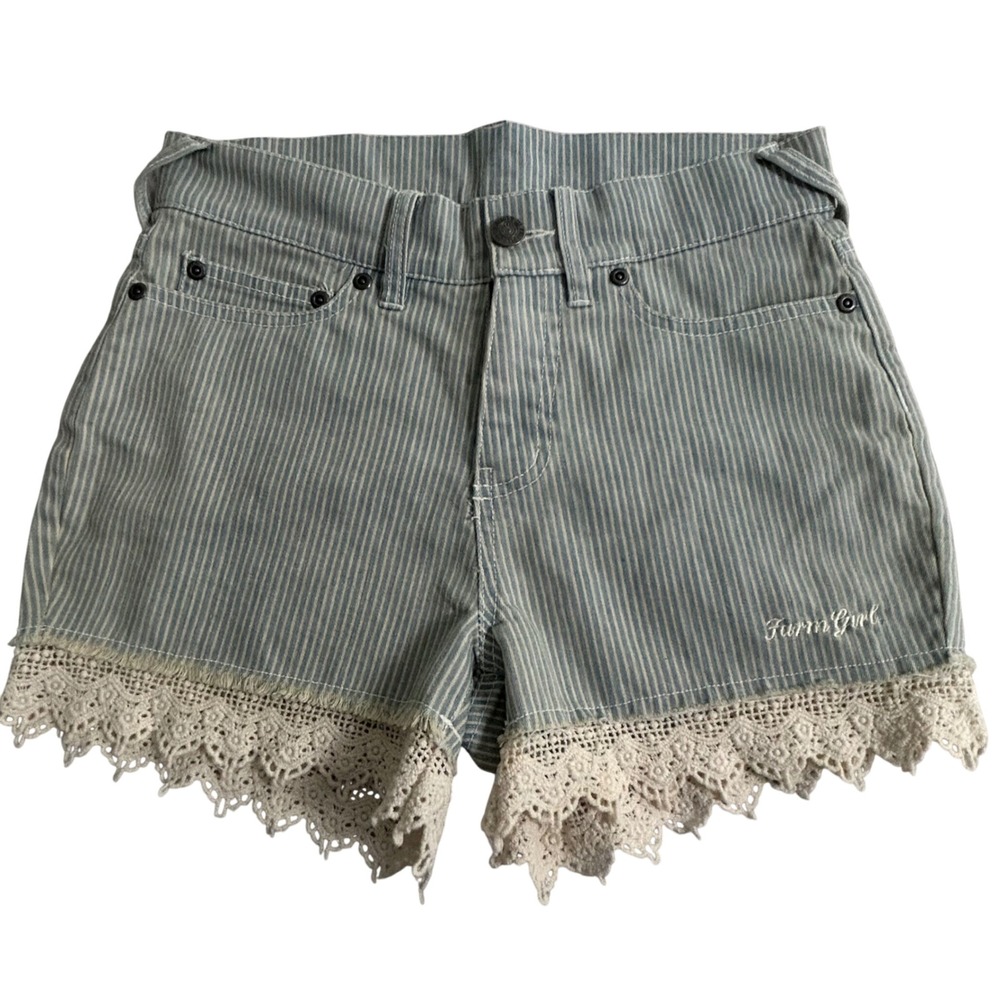 Farm Girl Authentic Brand Striped Denim Shorts with Lace Trim Blue Junior Size 1